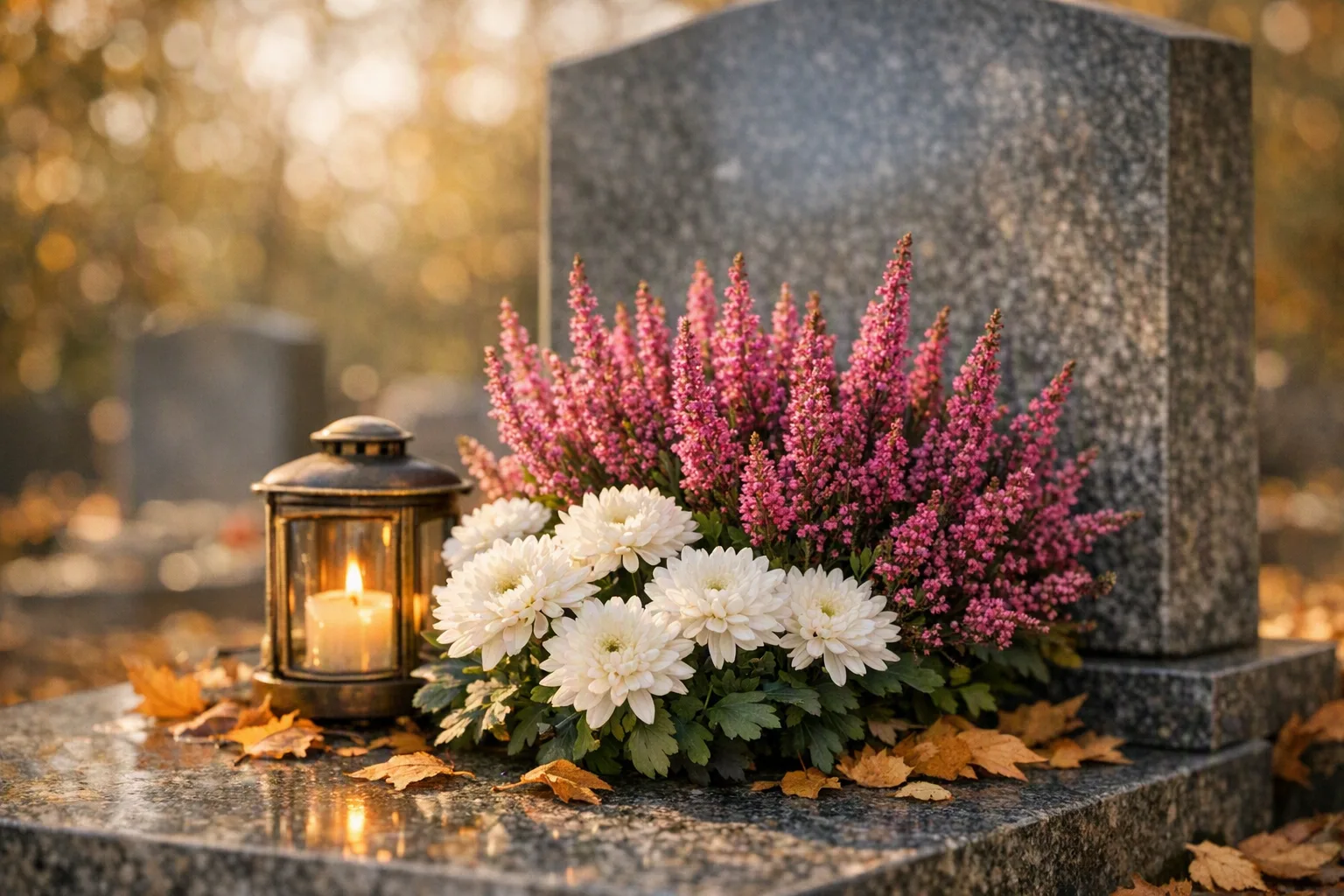 Campa decorada com coroa, crisântemos e lanterna funerária