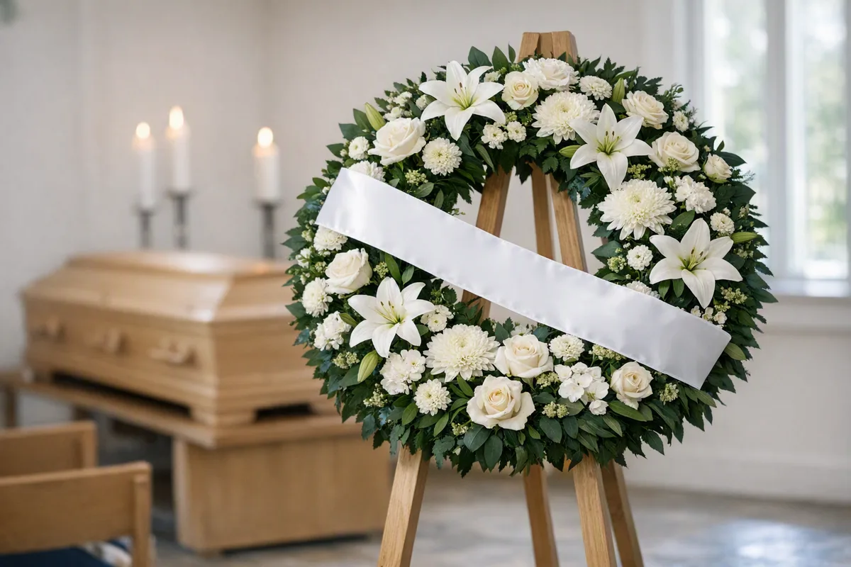 Coroa fúnebre de lírios e rosas brancas em cavalete com fita